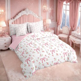 Erosebridal Kids Kawaii Bow 7 Pieces Bedding Set Twin Size,Floral Bowknot Bed in a Bag,Princess Style Bed Set Includes Comforter,Sheet Set,Pillowcases & Pillow Covers,Fantasy Flower Bedroom Decor