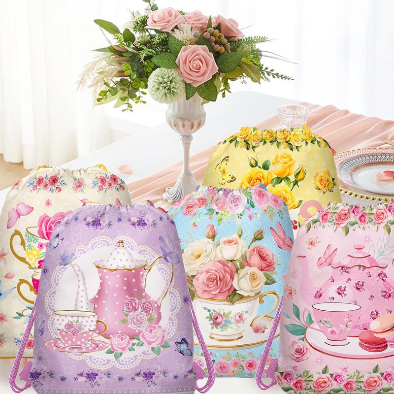12 Pcs Tea Party Drawstring Bag Set, Colorful Floral Non-Woven