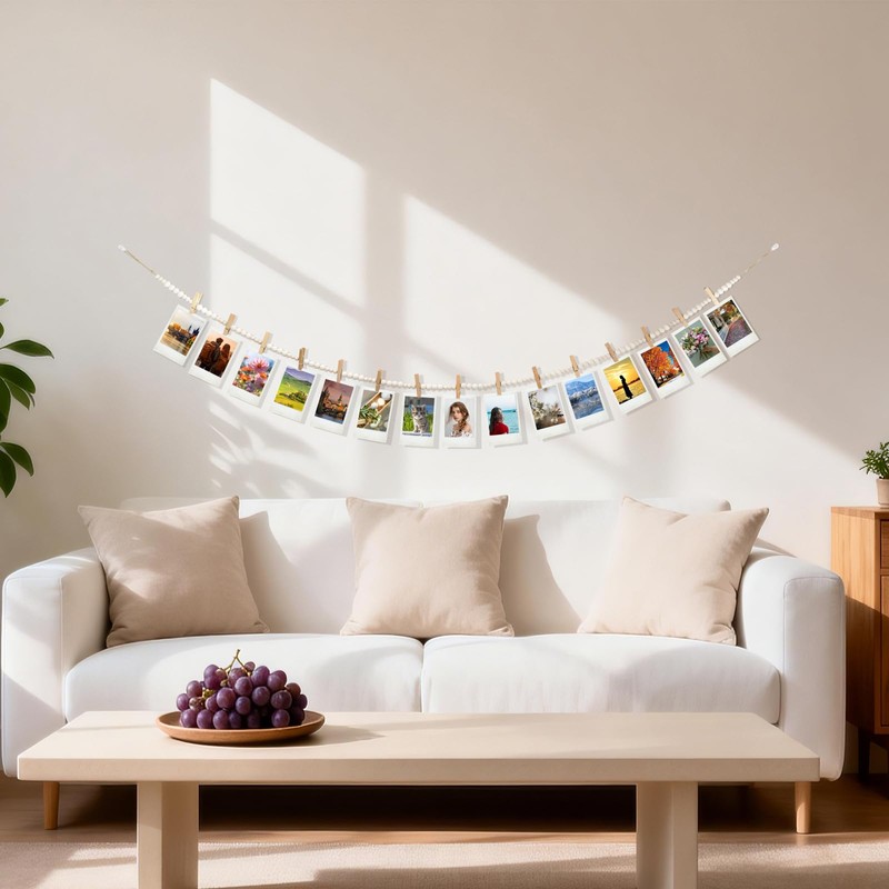 Hanging Photo Display with 15 Clips, 67 Inch Boho Wooden