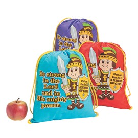 Fun Express - Armor Of God Drawstring Backpack - Apparel Accessories - Totes - Novelty Backpacks - 12 Pieces