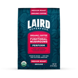 Laird Superfood Peruvian Medium Roast Coffee with Functional Mushrooms, Certified Organic Peruvian Ground Coffee Beans, Gluten-Free, Dairy-Free, Non-GMO, Paleo, Keto Friendly, 32 oz. Bag