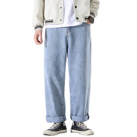 DOSLAVIDA Men's Work Jeans Casual Hip Hop Cargo Solid Color Loose Fit Straight Wide Leg Cotton Denim Pants with Zipper