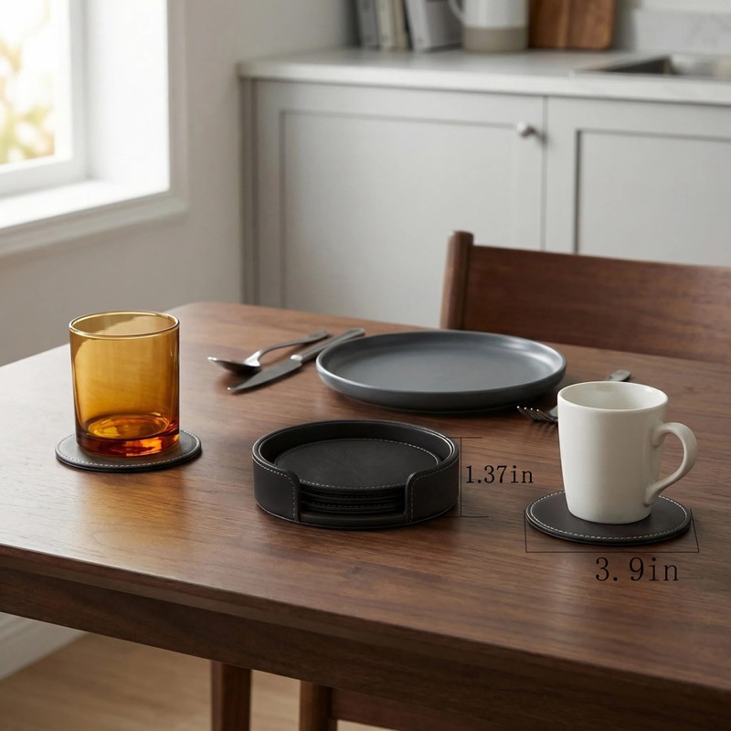 Set of 6 PU Leather Black Bar Drink Coasters with
