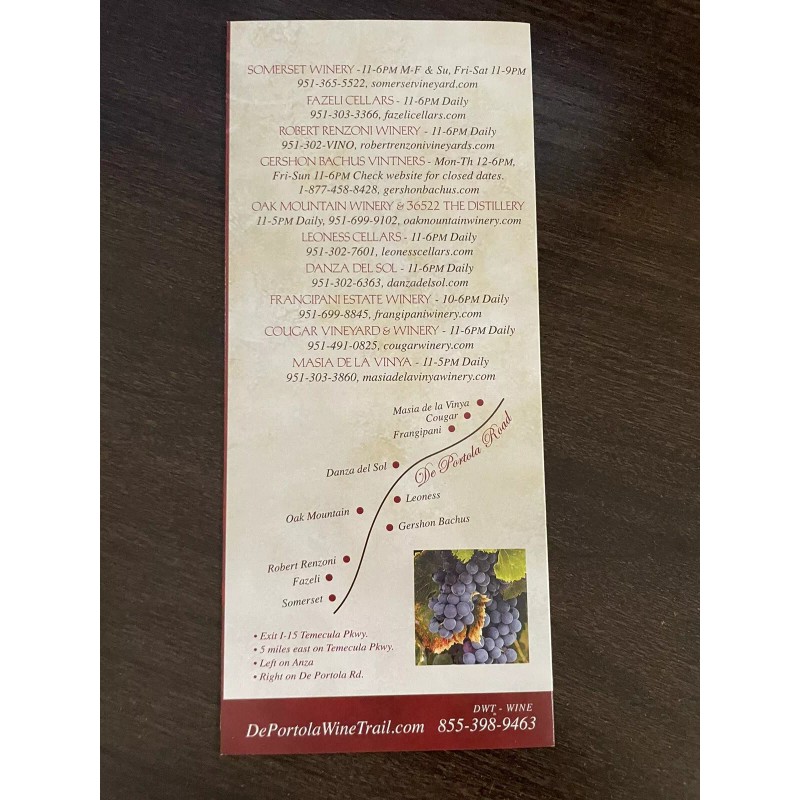 DWT Winery Wine Trail De Portola guide map brochure Flyer