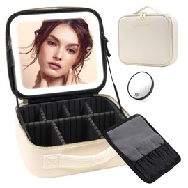 Jadazror Makeup Bag with Mirror and Light, Portable Travel Makeup Case with Lighted Mirror, Makeup Case with Light Up Mirror 3 Color Brightness, Makeup Case with Mirror Cosmetic Organizer Bag(Beige)
