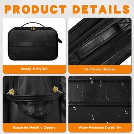 Grekos Travel Toiletry Bag, Makeup Bag for Women's, Large Capacity PU Leather Travel Organizer with Divider and Handle, Makeup for Cosmetic & Free-Standing Brush Holder Kit (Black)