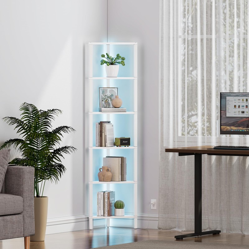 TUTOTAK 6-Tier Corner Bookshelf with LED Light,Corner Shelf for Small