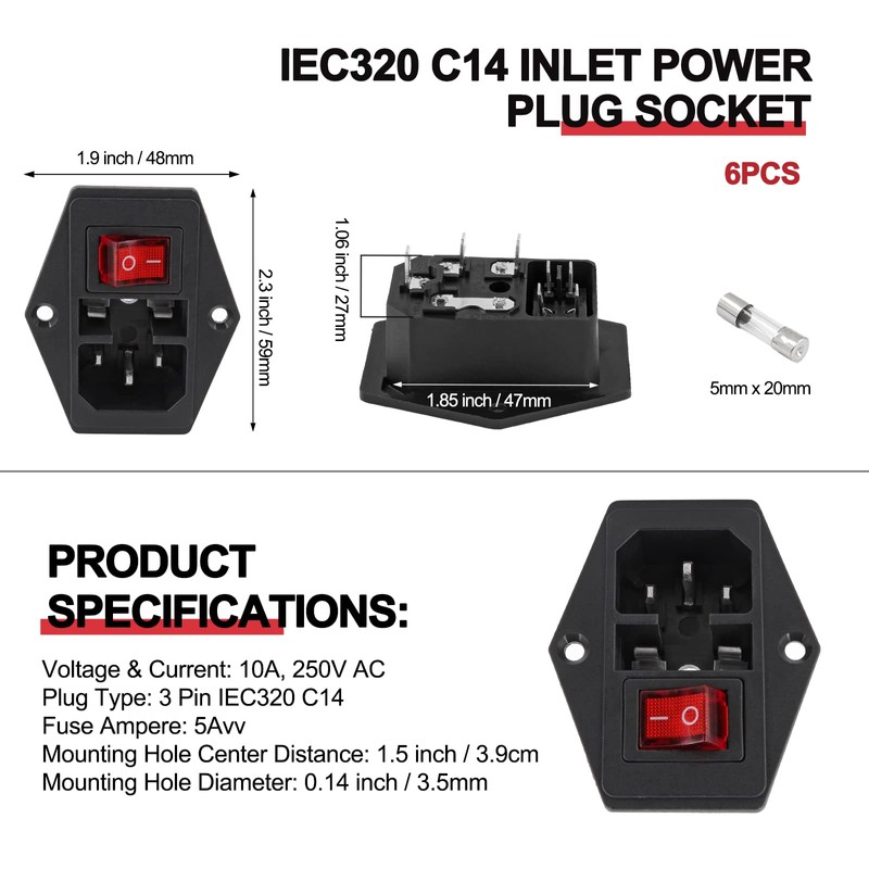 Qjaiune 6PCS IEC320 C14 Inlet Power Plug Socket, 250V 10A