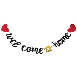 Welcome Home Banner Sign Black Glitter Homecoming Sign Welcome Home Decorations Party Pre-Strung Family Theme Party Supplies for Military Army Family Gathering Graduation Ceremony