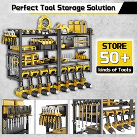 jsyonii Large Power Tool Organizer Wall Mount, 8 Cordless Drill Holder, 4 Tier Metal Power Tool Shelf Battery Storage with 7 Hooks, Heavy Duty Utility Racks for Garage Workshop, Black