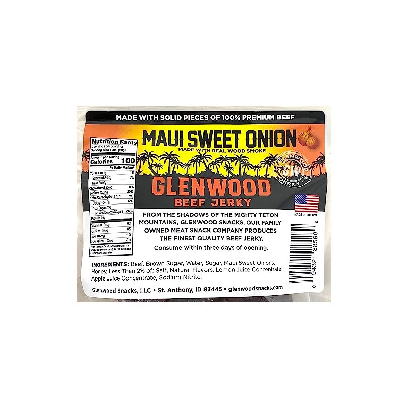 Glenwood Beef Jerky Maui Sweet Onion 9 Ounce Resealable Bag