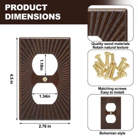 Pinkunn 10 Pack Walnut Wood Light Switch Cover Plate Boho Brown Wooden Outlet Covers Decorative Vintage Switch Wall Plates for Bedroom Kitchen Home Decor (Retro Sunburst,Double Hole)