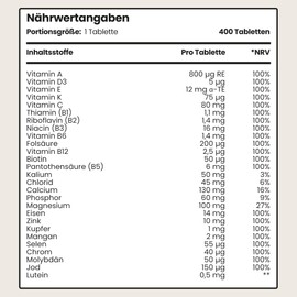 VitaBright Multivitamin Tabletten Hochdosiert 400, 13 Monate Vitamine, Mineralien & Ergänzungsmittel A-Z vitamine und mineralstoffe, Nahrungsergänzungsmittel Frauen/Männer, VitaBright Vegan Multivitamin Komplex