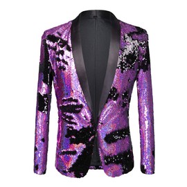 PYJTRL Men Stylish Two Color Conversion Shiny Sequins Blazer Suit Jacket (Purple + Black, XXL)