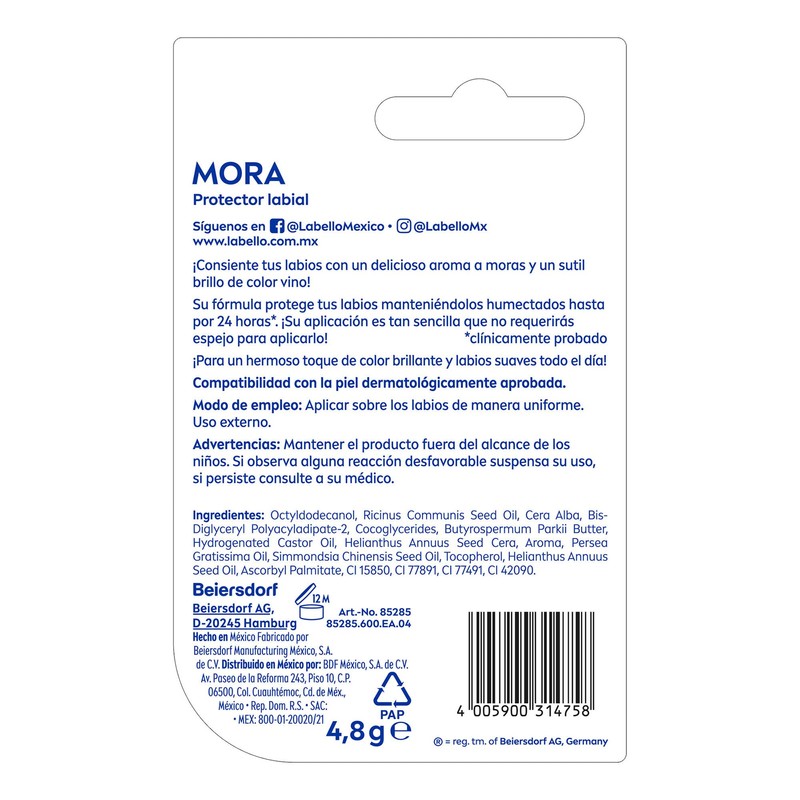 LABELLO Bálsamo labial con color Mora (4.8g) protector labial con