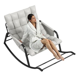 NUGYK Oversized Outdoor Rocking Chair, Papasan Chair with Comfy Padded Cushions & Side Pocket, for Patio Garden, Porch, Lounge, Indoor, Beige