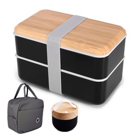OUZHOU Lunch Box 2 Tier with Soup Bowl, Insulated Bag and Cutlery, 1400ML Bento Box with Adjustable Compartments for Adults and Kids, Stackable Lunch Containers Leak-Proof Lunchbox Microwaveable Safe