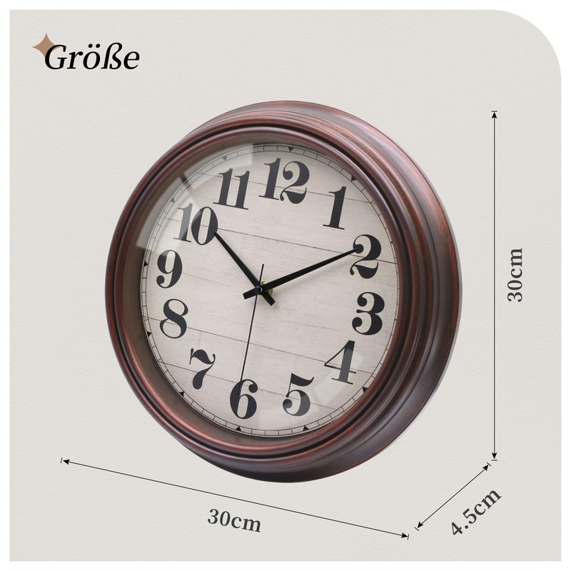 VIKMARI 30 cm Vintage Wall Clock, Large Retro Brown Wall