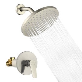 Lavatrum Brush Nickel Premium Shower Head With Valve Set Single Spray Wall Mount 8 Inch Rainfall Round Shower Faucet with Rough-in Valve and Trim Kit for Bathroom