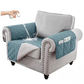 Hggzeg Sofa Cover 1 Seater, Waterproof and Non-Slip Sofa Protectors Slipcover with Side Pocket, Washable Sofa Protector for Kids/Pets(Grey Blue)