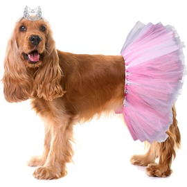 2 Pcs Dog Crown Headband Dog Tutu Dress Set Crystal Rhinestone Tiara Crown Tutu Skirt Pet Dress Costume for Puppy Birthday Party Wedding Photo Prop Costume(Medium,Rose Red, White)