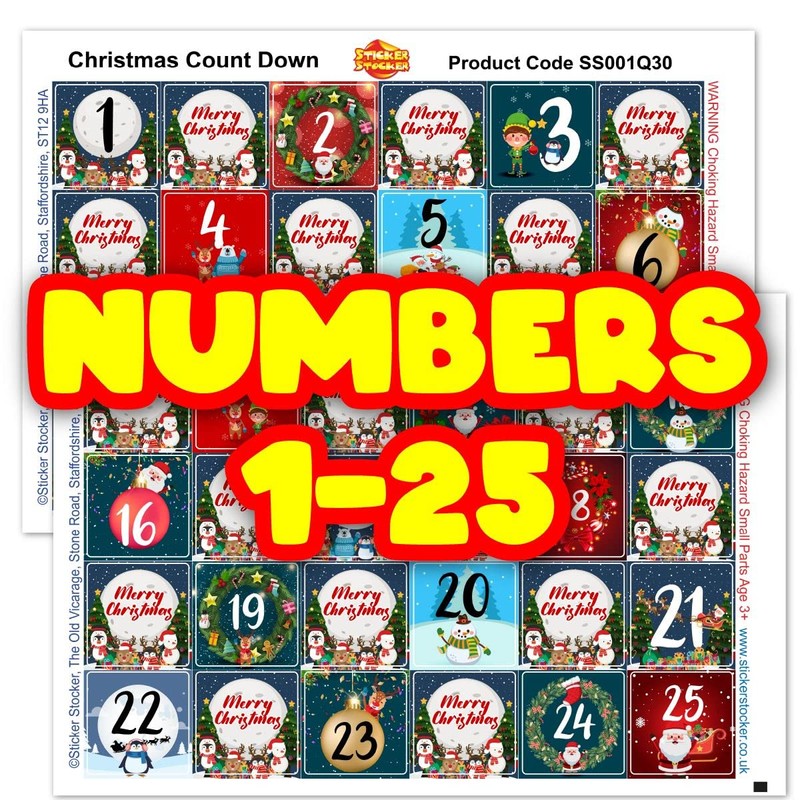 144 Christmas Countdown Advent Number Square Stickers 30mm Glossy Stickers