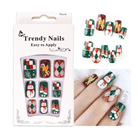 Christmas Nails，Christmas Fake Nails 24 Pieces Carton Set (Comes with Jelly Gel + Rub-on Strips) Removable Wearable Nails, Christmas Stocking Snowman Pattern, Suitable for Women and Girls