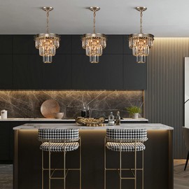 Weesalife Crystal Chandeliers for Dining Room Light Fixtures Over Table，4-Lights Modern Champagne Gold Crystal Pendant Lighting Fixture，Small Chandeliers for Kitchen Island Bedroom Entryway D12 Inch