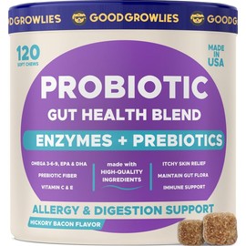 GOODGROWLIES Vet-Created Probiotics & Digestive Enzymes for Dogs | Gut Health & Digestive Function Support | Pumpkin & Omega | Diarrhea, & Seasonal Allergies & Itching | Prebiotic Supplement Chew