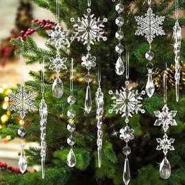 20pcs Crystal Christmas Ornaments, Hanging Acrylic Snowflake Icicle Ornaments with Drop Pendants, Christmas Tree Decoration Crystal Ornaments, for Christmas Tree Winter Party Decorations