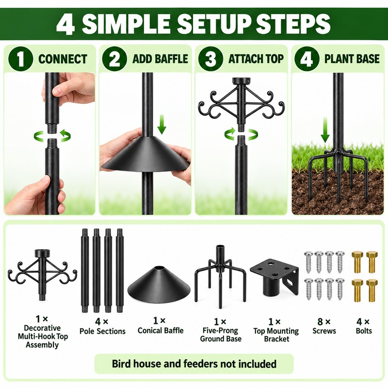 89 Inch Bird Feeder Pole with Squirrel Baffle, Multi-Hook Hanger,