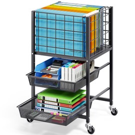 TOOLF 3-Tier Rolling File Cart, Metal Storage Drawer Cart with 2 Sliding File Trays, Adjustable Rod for Hanging Various File Sizes, File Organizer Cabinet on Wheels, for Office, Home, Classroom, Black
