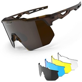 HAAYOT Polarized Cycling Glasses,Sports Sunglasses for Men Women,Baseball Biking Running Fishing Sunglasses with 5 Interchangeable Lenses Dark Brown
