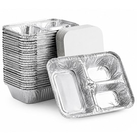 Jijukor 20 Pack 8.6" x 6.5" Disposable Aluminum Foil Pans with Lids, 3-Compartment To-Go Containers for Meal Prep, Takeout, Catering, Oven & Freezer Safe