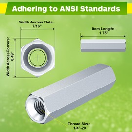 UPVONT Hex Coupling Nuts, Rod Coupling Nuts 1/4"-20 UNC, 1-3/4" Length (50 PCS), Ideal for Threaded Rods & Studs, 1.75-Inch Length with Zinc Plating (50 PCS)
