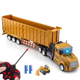 Remote Control Dump Toy for Kids - 17.3" RC Semi Truck with 2 Batteries, 1:32 Construction Vehicles with Lights & Building Blocks Excavator Toy, Engineering Tractor Toy for 3 4 5 Years Boys Girls