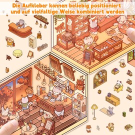 4 Sets DIY 3D House Stickers + 1 Piece Tweezer, Fun DIY Stickers Scene, Make Your Own Flower Room, Cafe, Bookstore, Bakery, 3D Cartoon Miniature Scene Stickers for Children, Stress Relief