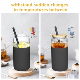 Icesip 20oz Drinking Glasses Cups Set of 2 Beer Can Shaped Drinking Glasses with Silicone Protective Sleeve Straw Bamboo Lid Iced Coffee for Coffee Smoothie Boba Tea(Black & White)