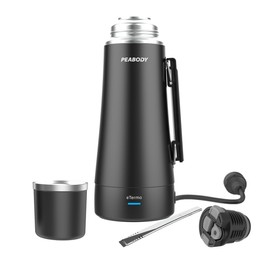 Peabody eTermo 120v Vacuum Insulated Thermos with Water Heater, 33,81 fl OZ, with Auto Shut-Off, Push Button Dispenser, BPA-Free, Stainless Steel (Black)