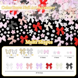 Bows Nail Charms and Pearls Gems, Alloy Silver Gold Butterfly Nail Charms, Color Bows Flower Nail Art Charms, Pearls Gems Silver Gold Nail Art Studs Rivets for DIY Nail Art with Pickup Tools