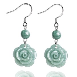 Xgimas Hand-carved Rose Flower Jade Dangle Earrings for Women, 925 Sterling Silver Earrings for Jewelry Gifts
