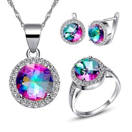 Uloveido Platinum Plated Brass Multi Color Simulated Diamond Jewelry Piercing Earrings Necklace and Solitaire Rings Set for Women T484