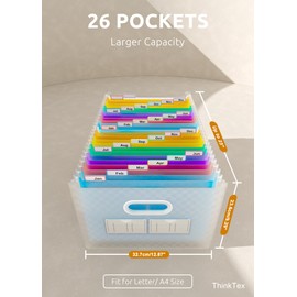File Organiser, 26 Pockets Expanding File Folder, Upright and Open Top, A-Z Colorful Tabs, Larger Capacity Document Organiser, Coupon Bill Receipt Organiser, Letter/A4 Size