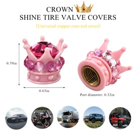 Gasedin 4 PCS Crown Tire Stem Valve Caps, Bling Rhinestone Crown Tire Copper Core Stem Valve Caps, Sparkling Crown Air Stem Caps Cover for Auto Bicycle Motorcycle, Car Accessories (Pink)