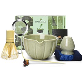 Artcome 7 Pcs Japanese Matcha Tea Set - Matcha Bowl with Pouring Spout, Matcha Whisk, Tea Scoop, Whisk Holder, Handmade Matcha Ceremony Kit For Japanese Tea Ceremony, Mottled Green