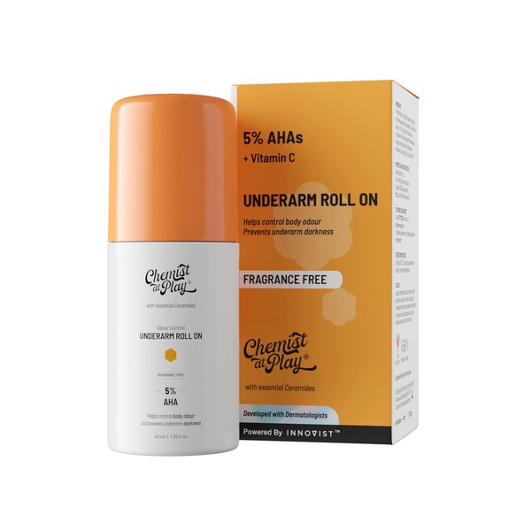 Chemist At Play UnderArm Roll-On with 5% Lactic Acid 1% Mandelic Acid | Prevents Odour Brightens Skin & Exfoliates Underarm | Fragrance-Free for Sensitive Skin | Alcohol & Aluminium Free | 1.3 Ounce