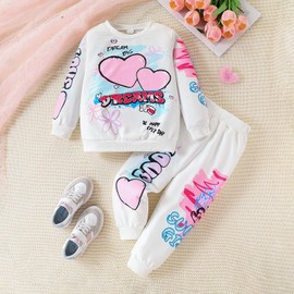Arlubiya Kids Toddler Girl Clothes Heart Letter Print Long-sleeved round collar top+Letter Print Pants Outfits Set (4-5T)