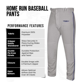 Exxact Sports Home Run Boys Baseball Pants with Piping - Full-Length, Semi-Relaxed Fit, Open-Bottom Youth Baseball Pants - (YL, Grey/Navy Piping)