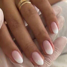 Uñas postizas Ombre cortas ovaladas, 32 piezas, 16 tamaños, uñas postizas rosa degradado, almendradas, ajuste natural, uñas francesas brillantes con p