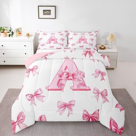 Erosebridal Initial Letter A Comforter Set Pink Bow Girls Twin Bedding Set Kawaii Girly Bowknot Bedding Comforter Sets Princess Style Romantic Bow Bed Set for Kids Teen Women